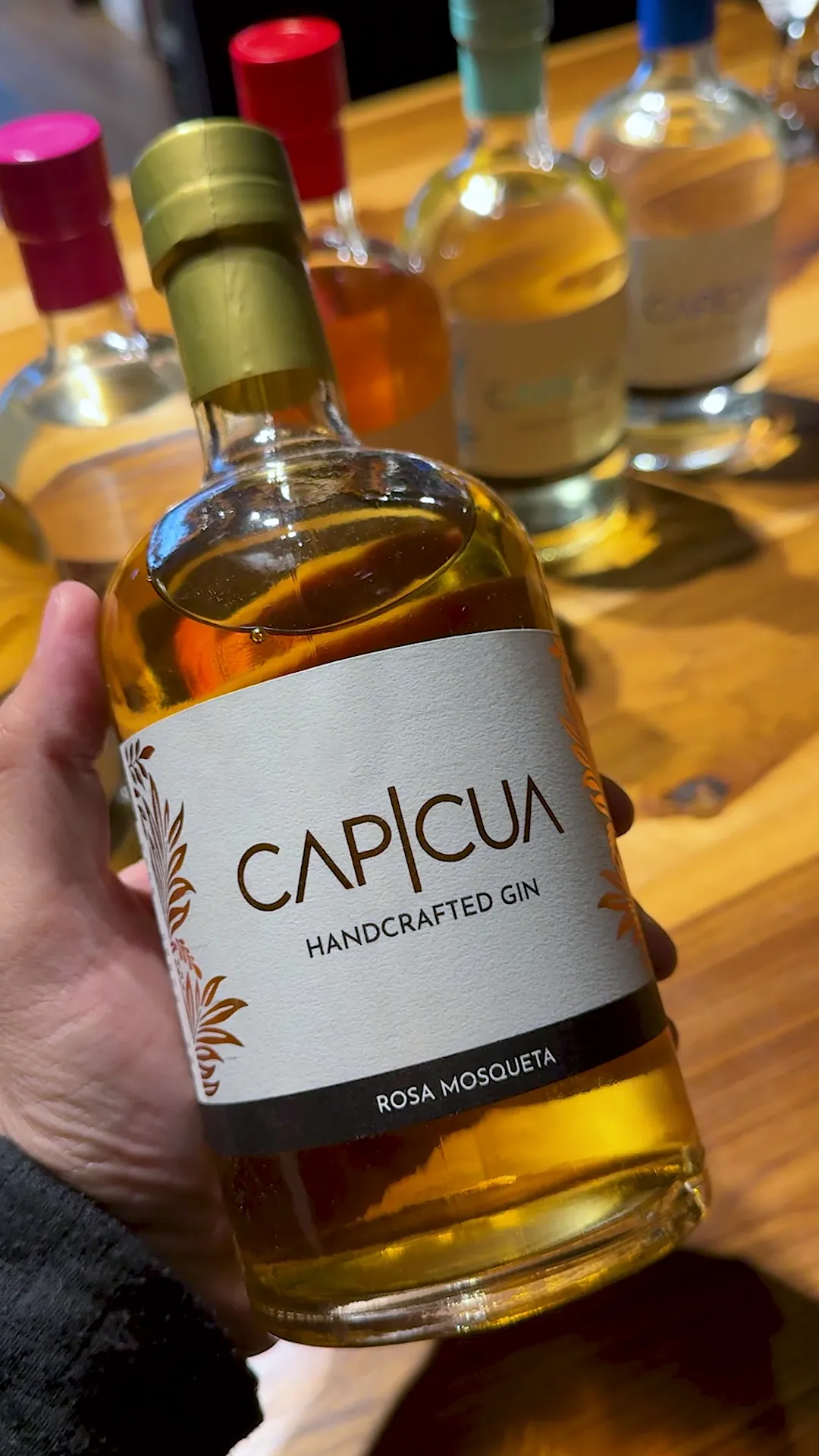 Botella de Rosa Mosqueta CAPICÚA sostenida frente a la barra