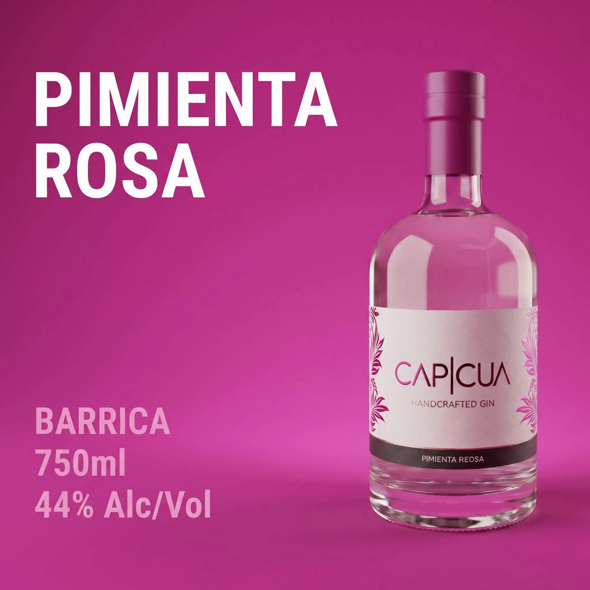 Botella de Pimienta Rosa CAPICÚA sostenida frente a la línea de sabores