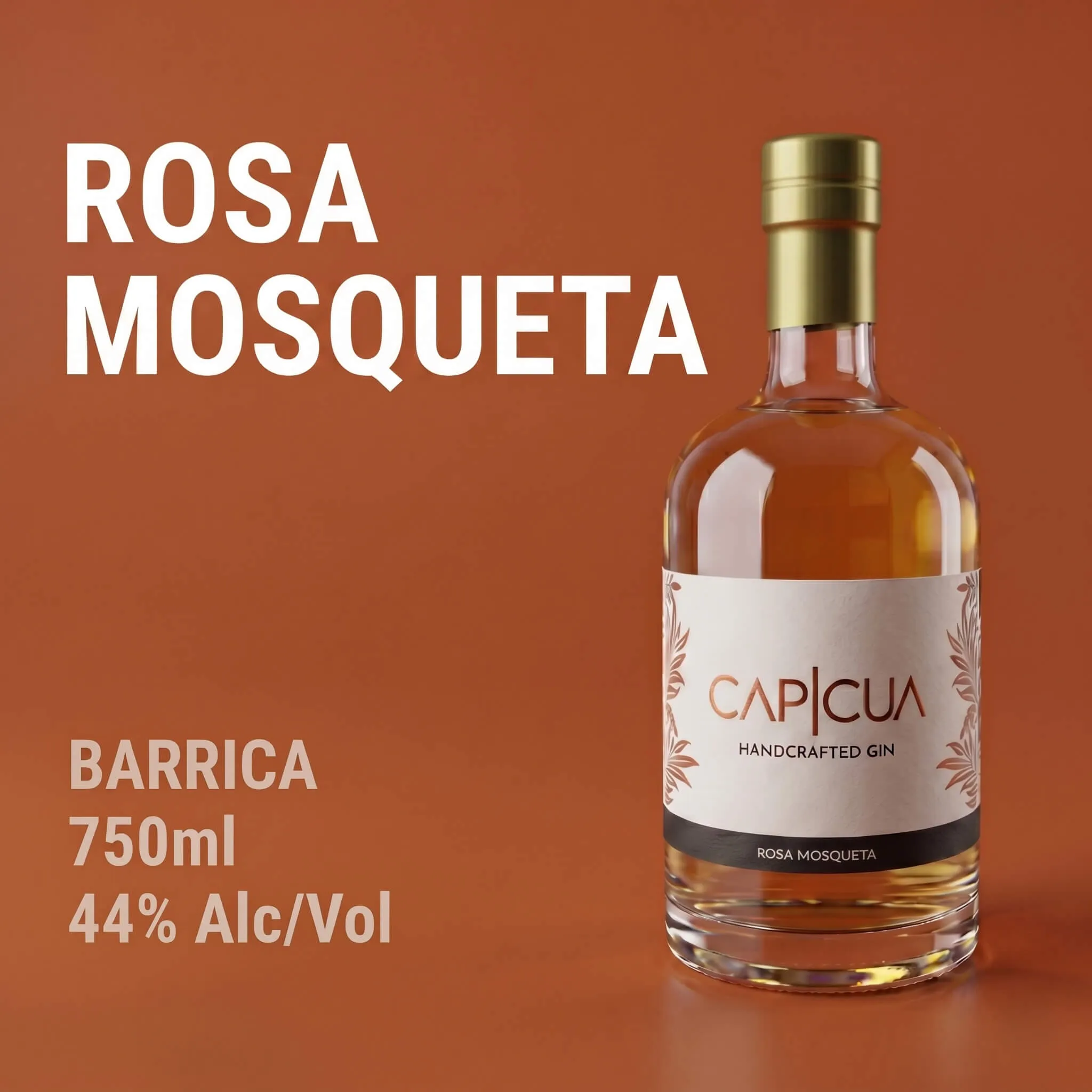 Botella de Rosa Mosqueta CAPICÚA sostenida frente a la línea de sabores
