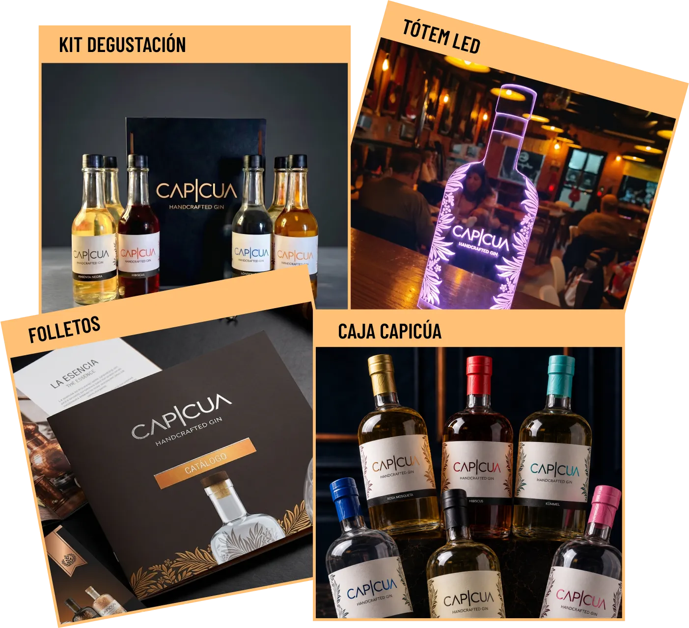 Material de la campaña CAPICÚA: kit de degustación, tótem LED, folletos y caja de gin