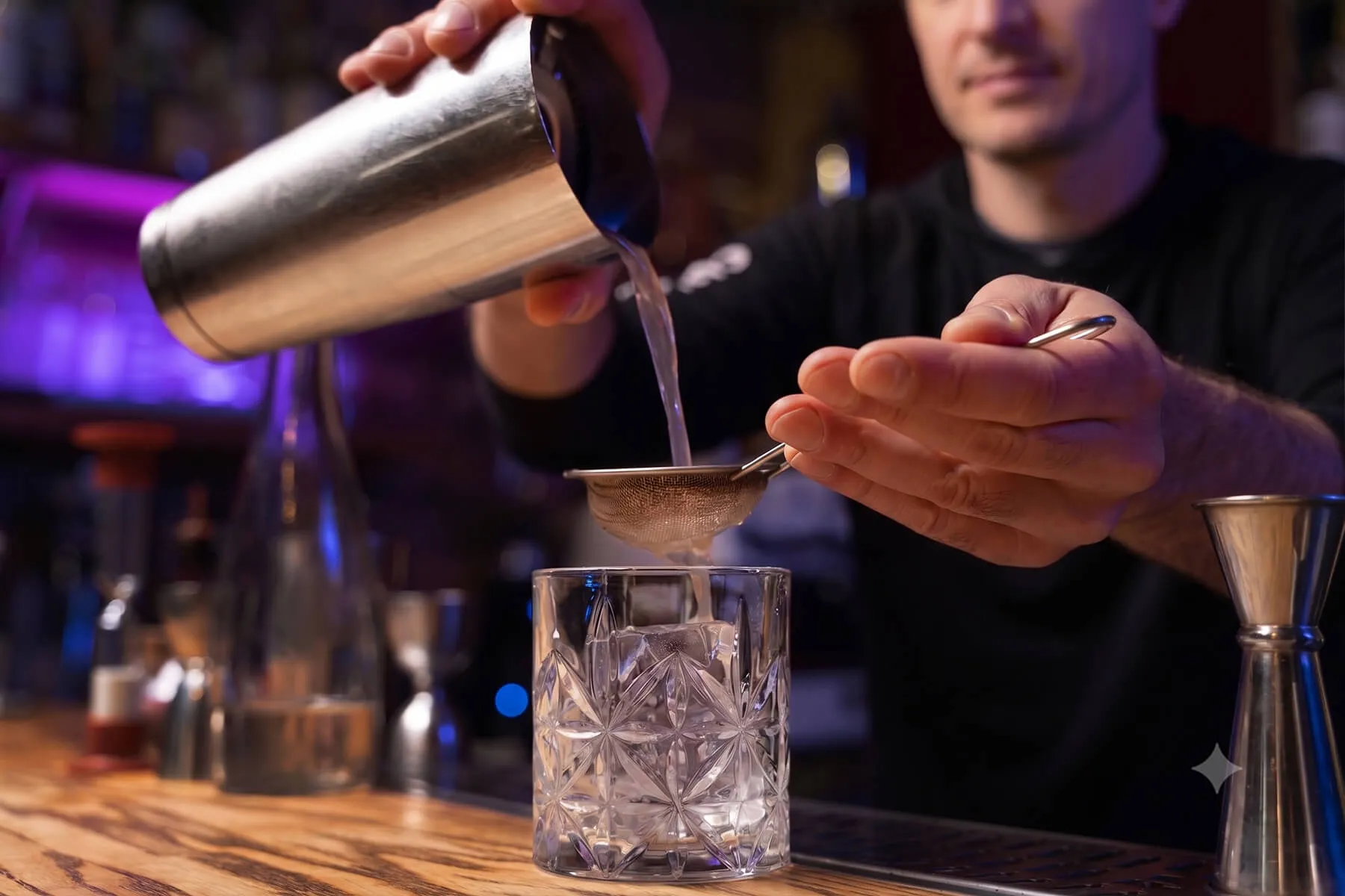 Bartender preparando un cóctel CAPICÚA en una barra