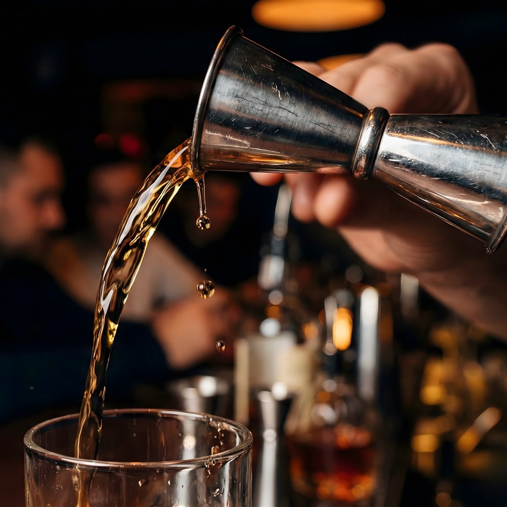 Jigger vertiendo una medida en un vaso durante el servicio de barra