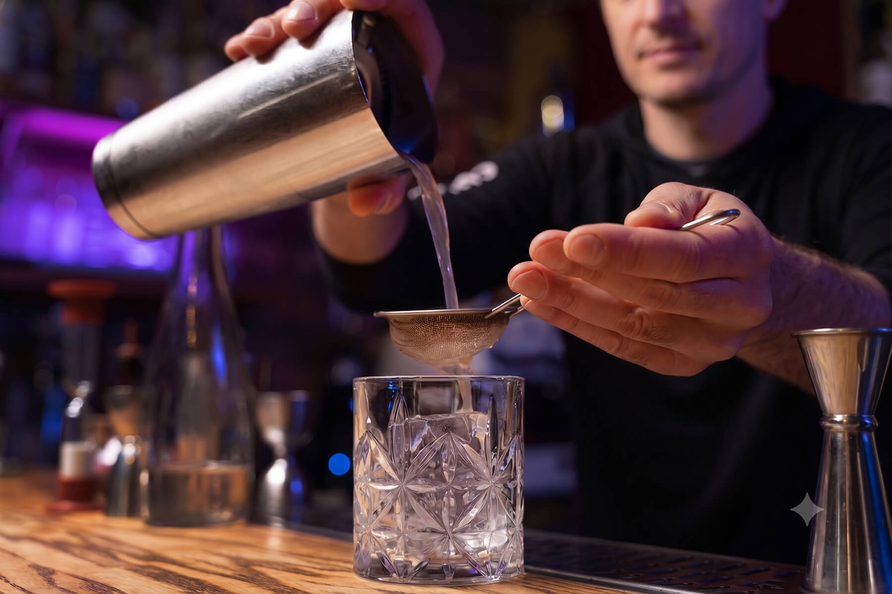 Bartender preparando un trago en una barra