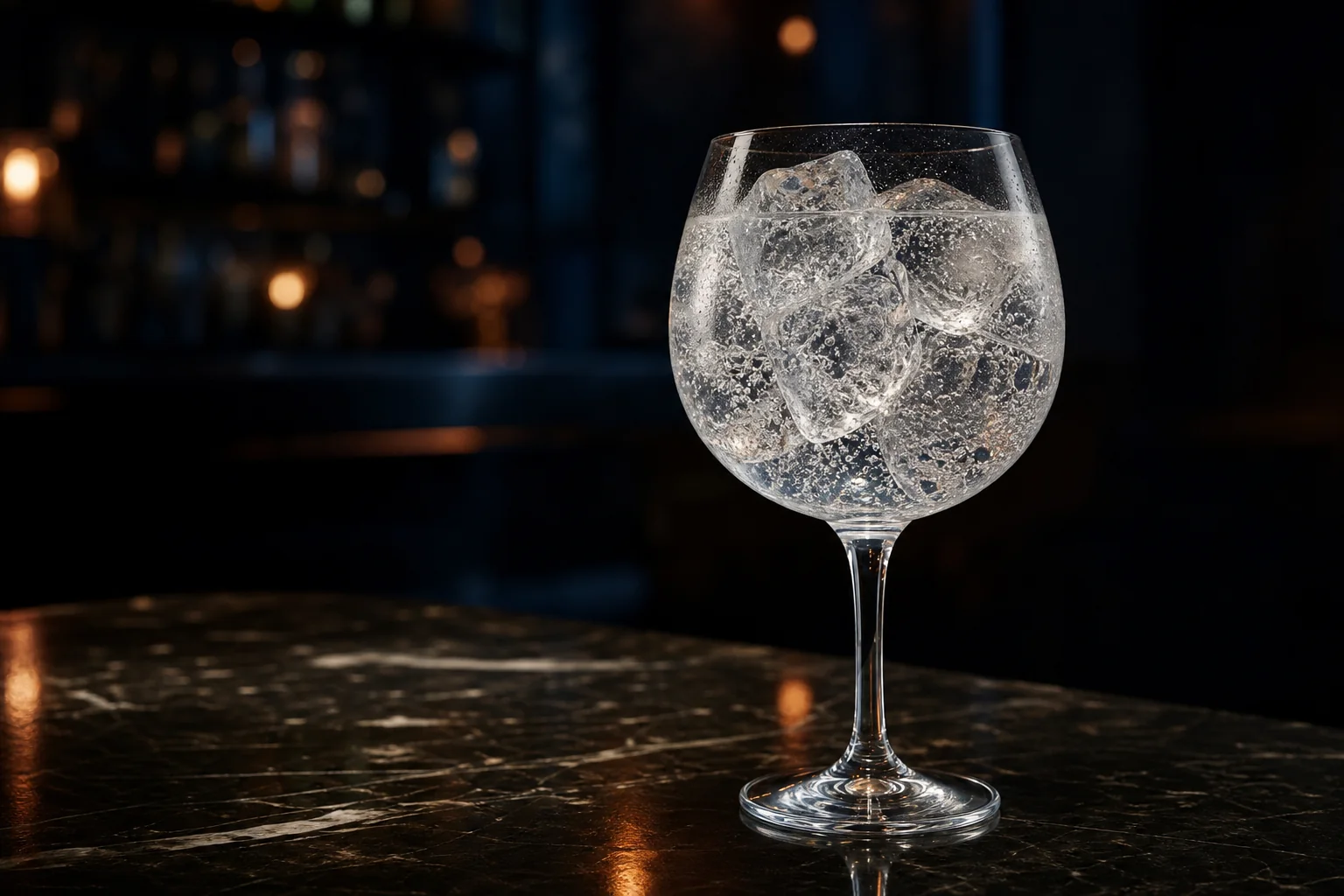 Gin tonic CAPICÚA en copa amplia con mucho hielo.